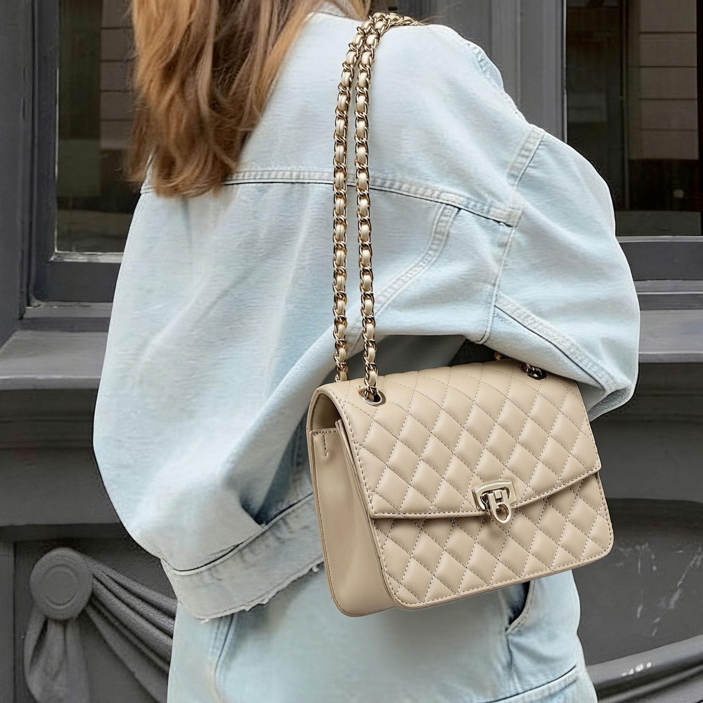 GEMIU Quilted Small Purses for Women Crossbody Women's Shoulder Handbags Womens Clutch Purses with Gold Chain Dressy Beige