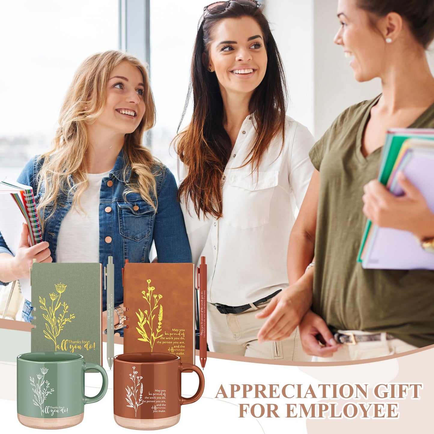 Didaey Employee Appreciation Gifts Set 13oz Boho Floral Ceramics Coffee Mugs with A6 Leather Notebooks Ballpoint Pens Bulk Teacher Thank You Gift for Volunteer Coworkers Staff Nurse(2 Sets,2 Colors)