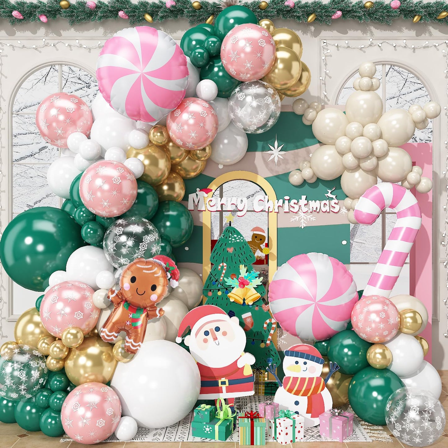 Froova Christmas Decorations Balloons Arch Kit 114Pcs Green White Apricot Transparent Snowflake Balloons Garland, Gingerbread Man Candy Cane Windmill Foil Balloon for Winter Holiday Xmas Supplies