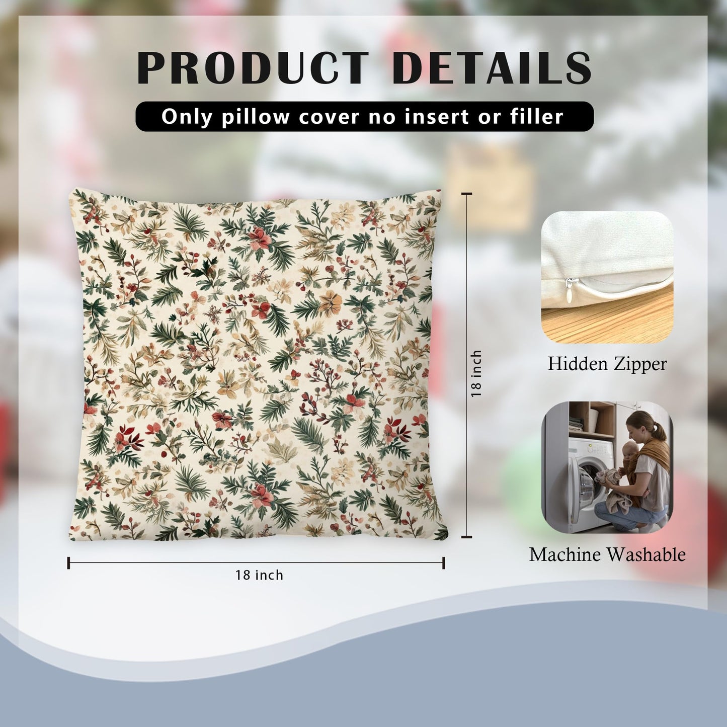Exqcom Rustic Christmas Floral Pillow Covers 18x18 Set of 2, Farmhouse Christmas Decor, Boho Holly Leaves Pine Xmas Botanical Throw Pillow Covers for Home Living Room Bedroom