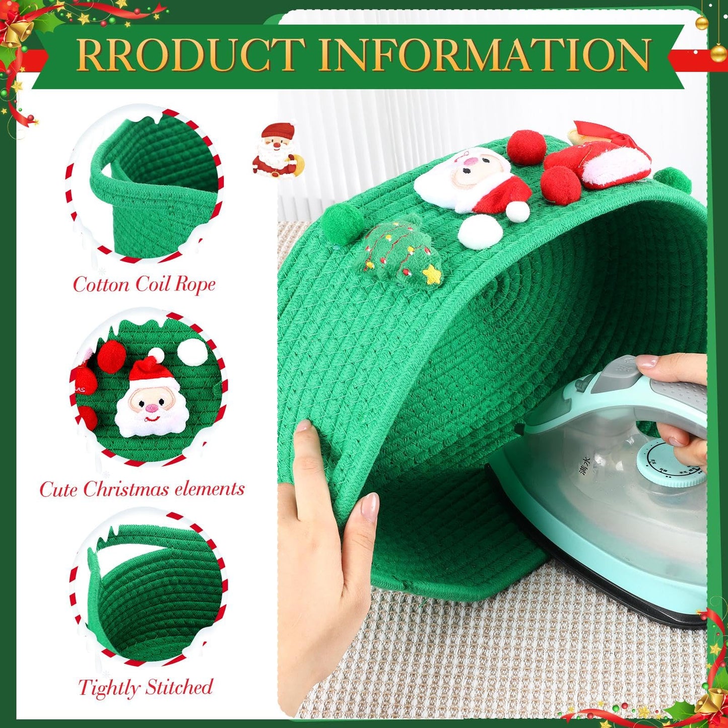 Funnymoom 3 Set Christmas Gift Basket Empty Small Woven Basket with Gift Bag Bow Ribbon Xmas Card 12" x 8" x 5" Cotton Rope Storage Bin with Handle for Christmas Holiday Decoration(Green,Classic)