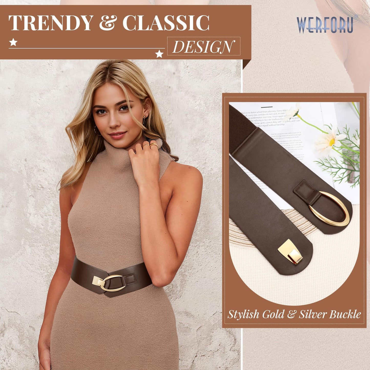 WERFORU Women Wide Elastic Belt Women Fashion Wide Belt with Gold Buckle Ladie Thick Waistbelt for Dresses