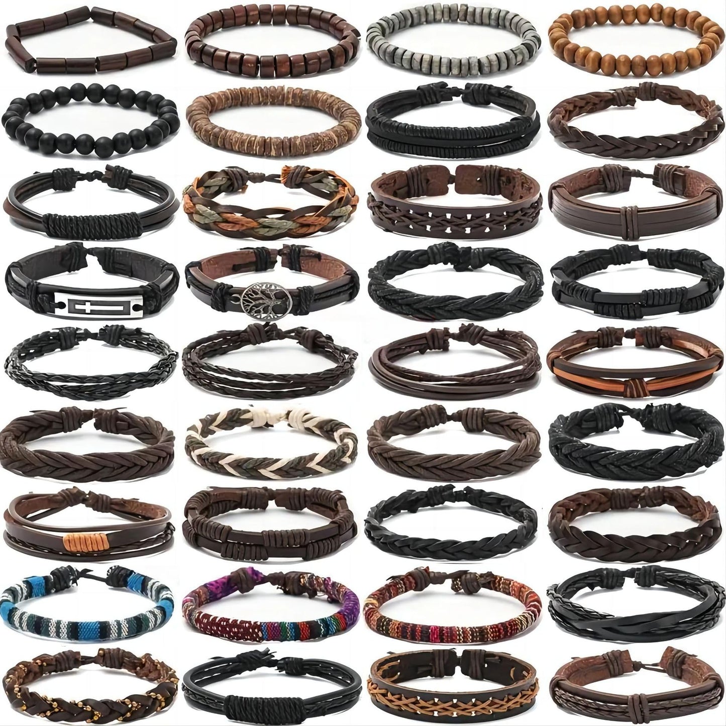 SROBENZ 36Pcs Braided Leather Bracelets for Men Women Wrap Wood Beads Cuff Bracelet Hemp Cords Ethnic Tribal Handmade Wrap Wristband Bracelets Set Adjustable(36Pcs)