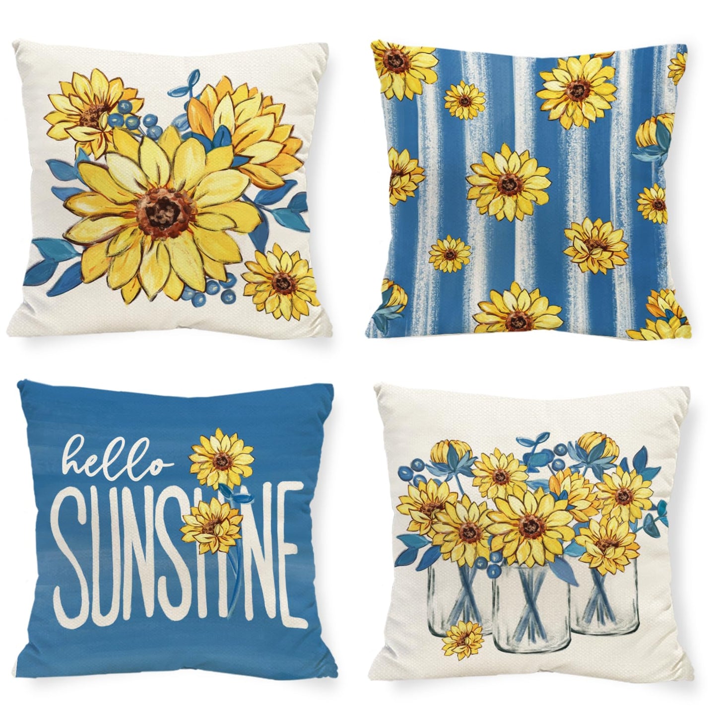 Tikeciti Sunflower Hello Sunshine Pillow Covers Italy Blue 18 x 18 Inch Throw Pillows, Amalfi Mason Jar Floral Decorative Farmhouse Cushion Case for Sofa Couch Set of 4