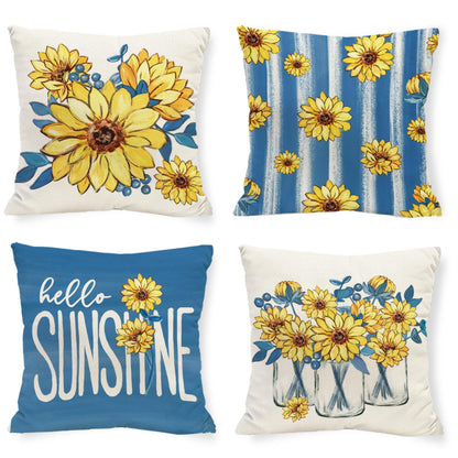 Tikeciti Sunflower Hello Sunshine Pillow Covers Italy Blue 18 x 18 Inch Throw Pillows, Amalfi Mason Jar Floral Decorative Farmhouse Cushion Case for Sofa Couch Set of 4