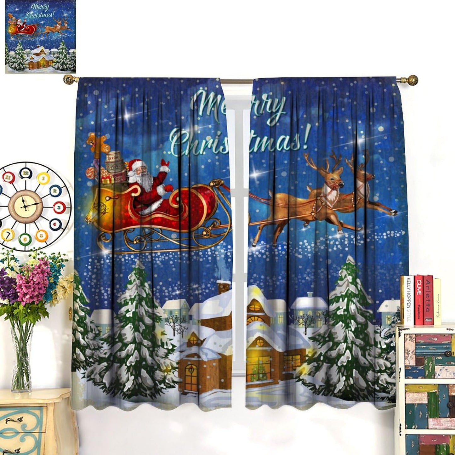 FengMingRui Christmas Curtains Santa Claus Sleigh Chimneys New Year Christmas Patterns Printed Window Treatment Bedroom Living Room Decoration Decor Window Drapes 42" W X 45" L