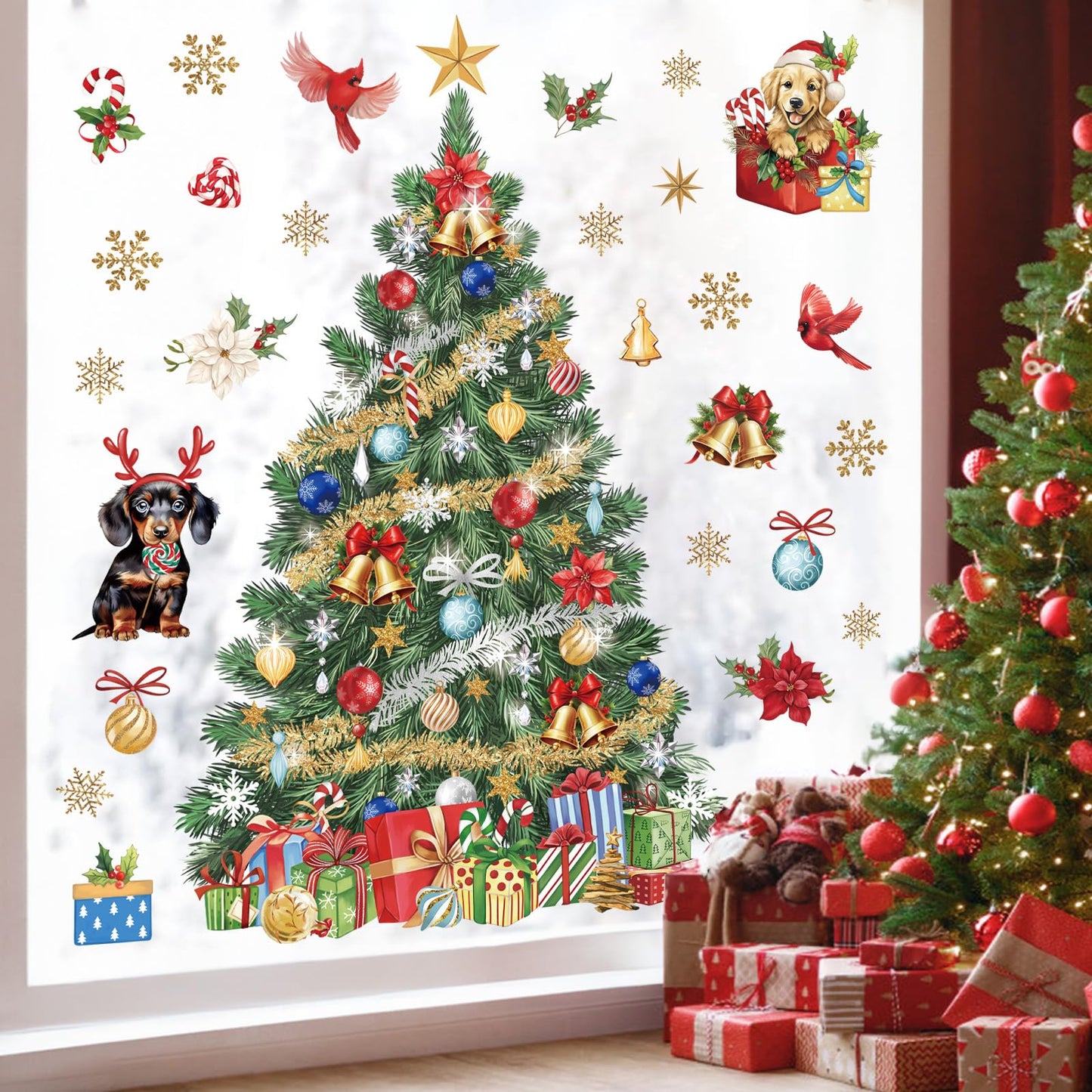 wondever Large Christmas Tree Wall Stickers Evergreen Tree Christmas Flowers Dogs Cardinal Birds Window Wall Art Decals for Christmas Party Window Xmas Home Party
