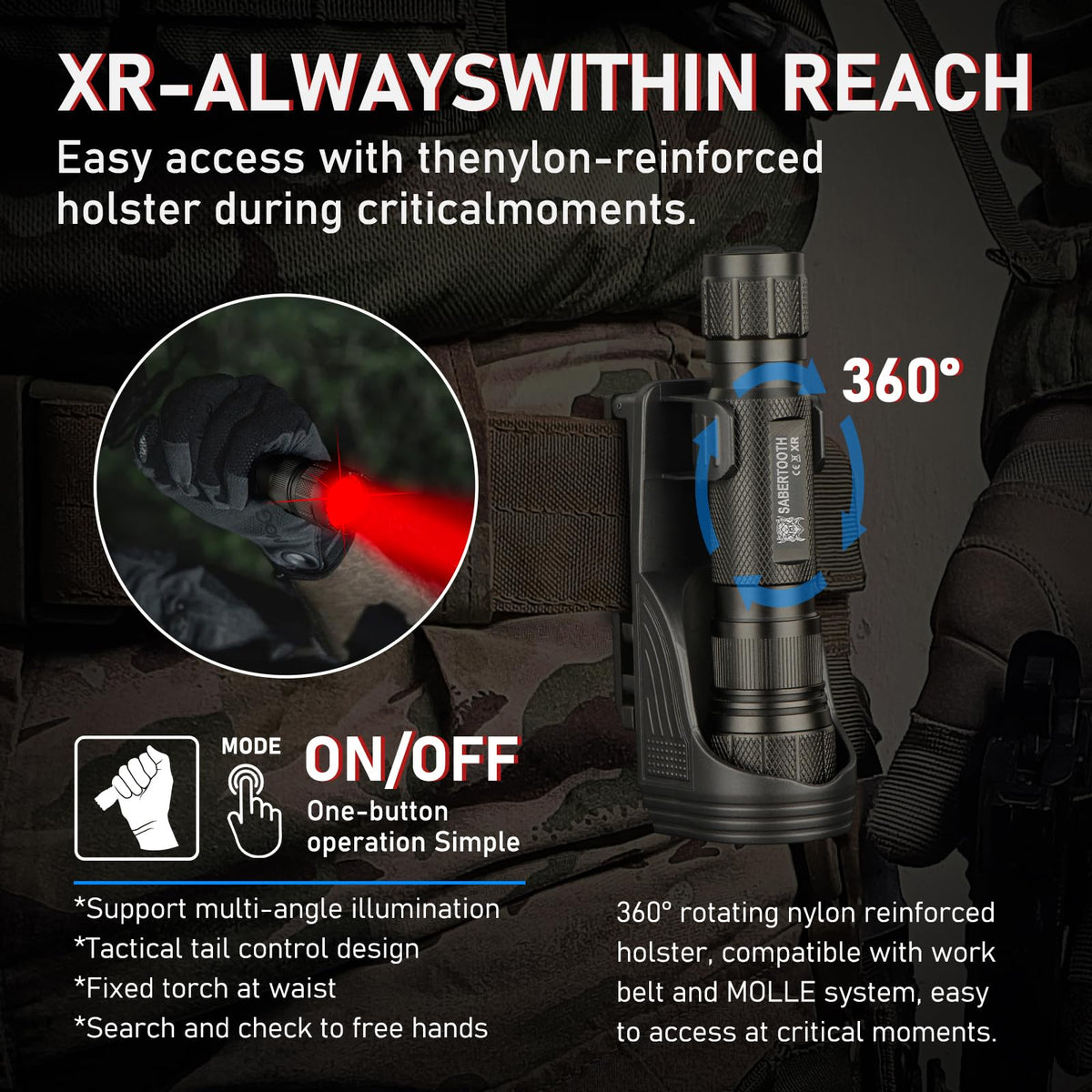 SABERTOOTH Red Hunting Light Rechargeable Tactical Flashlight with Holster 1800LM 340-yard Red LED Flashlight for Hunting Coyotes, Wild Boars, and Vermin