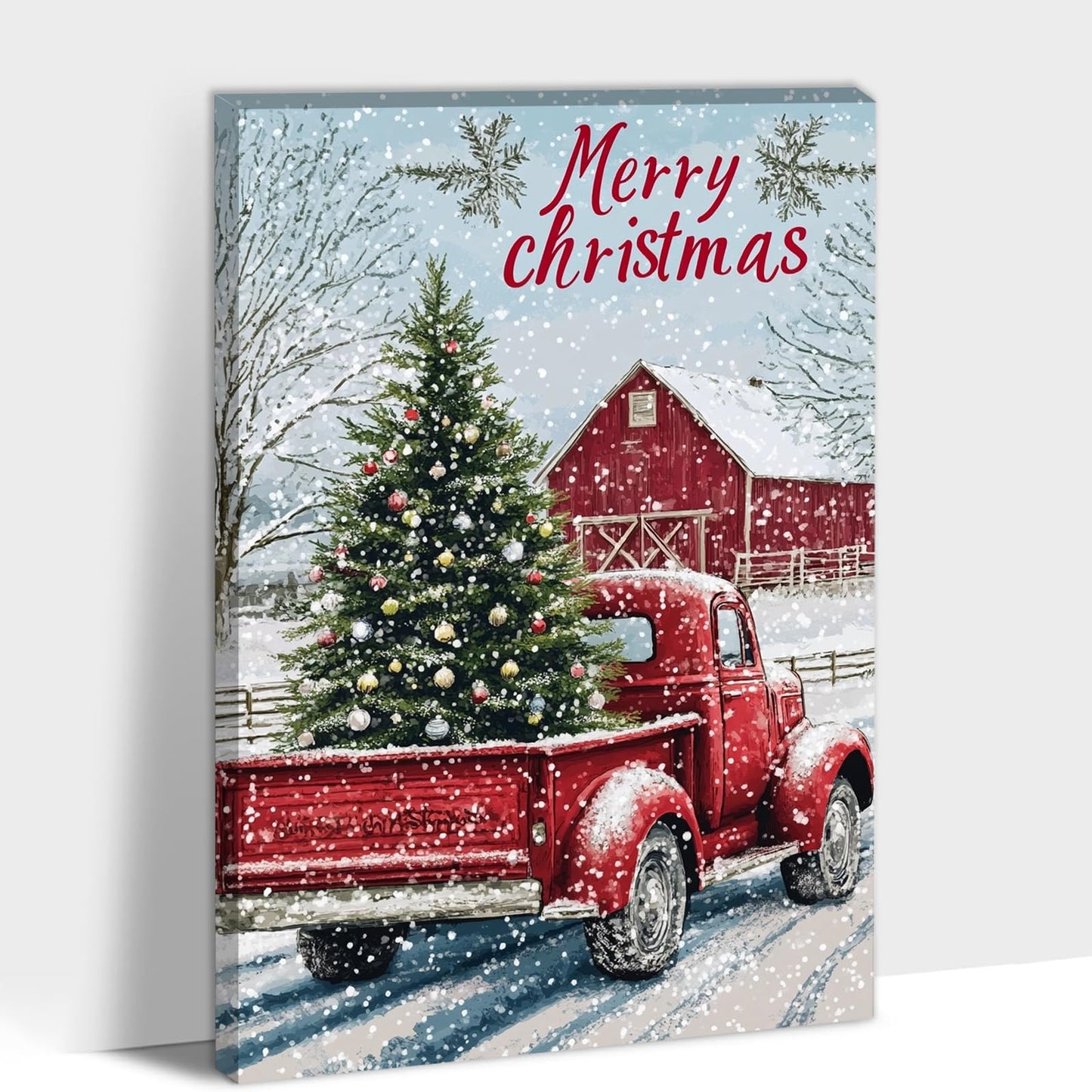 GUTTATY Christmas Canvas Wall Art, Christmas Tree Truck Wall Decor, Merry Christmas Sign Xmas Artworks, Barn House Wall Pictures, Winter Snow Scene Christmas Posters for Living Room 18x24 Inch