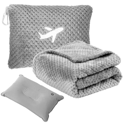 Nenolix Travel Blanket Airplane Compact with Bag, Travel Essentials 3 in 1 Packable Airplane Blanket, Travel Pillow and Blanket Set, Inflatable Pillow, Luggage Sleeve & Backpack Clip (Light Grey)