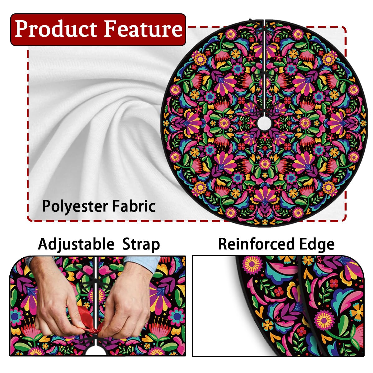 Mexican Christmas Tree Skirt 48 Inch Feliz Navidad Tree Collar Mexico Dahlia Tree Decor Mexican New Year Xmas Decor Christmas Decorations for Home Party
