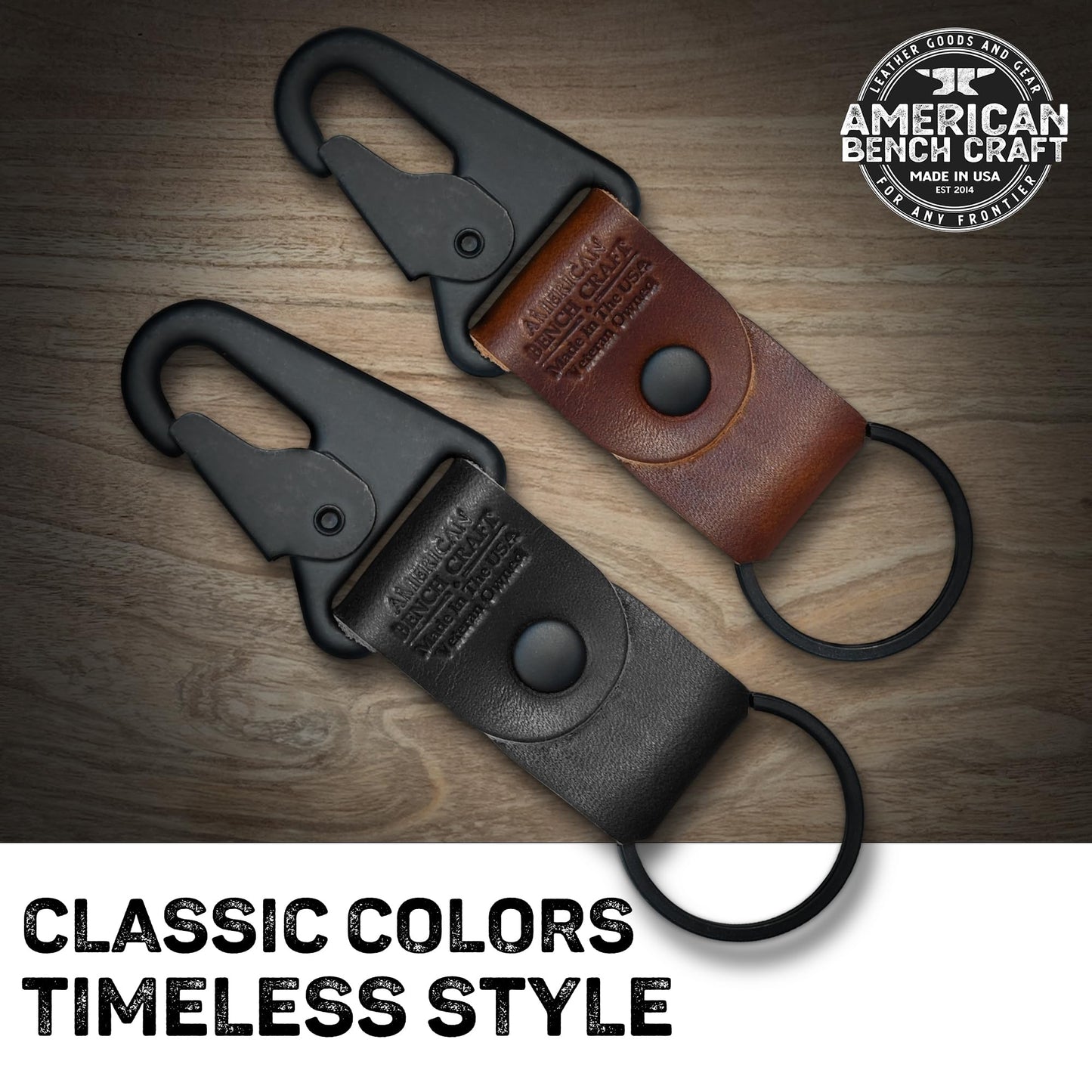 American Bench Craft Clip On Tactical Keychain | Full Grain Leather Key Chain for Men | Car Keychain Made in USA | Key Fob with HK Snap & Durable Riveted Construction for Everyday Use | Black