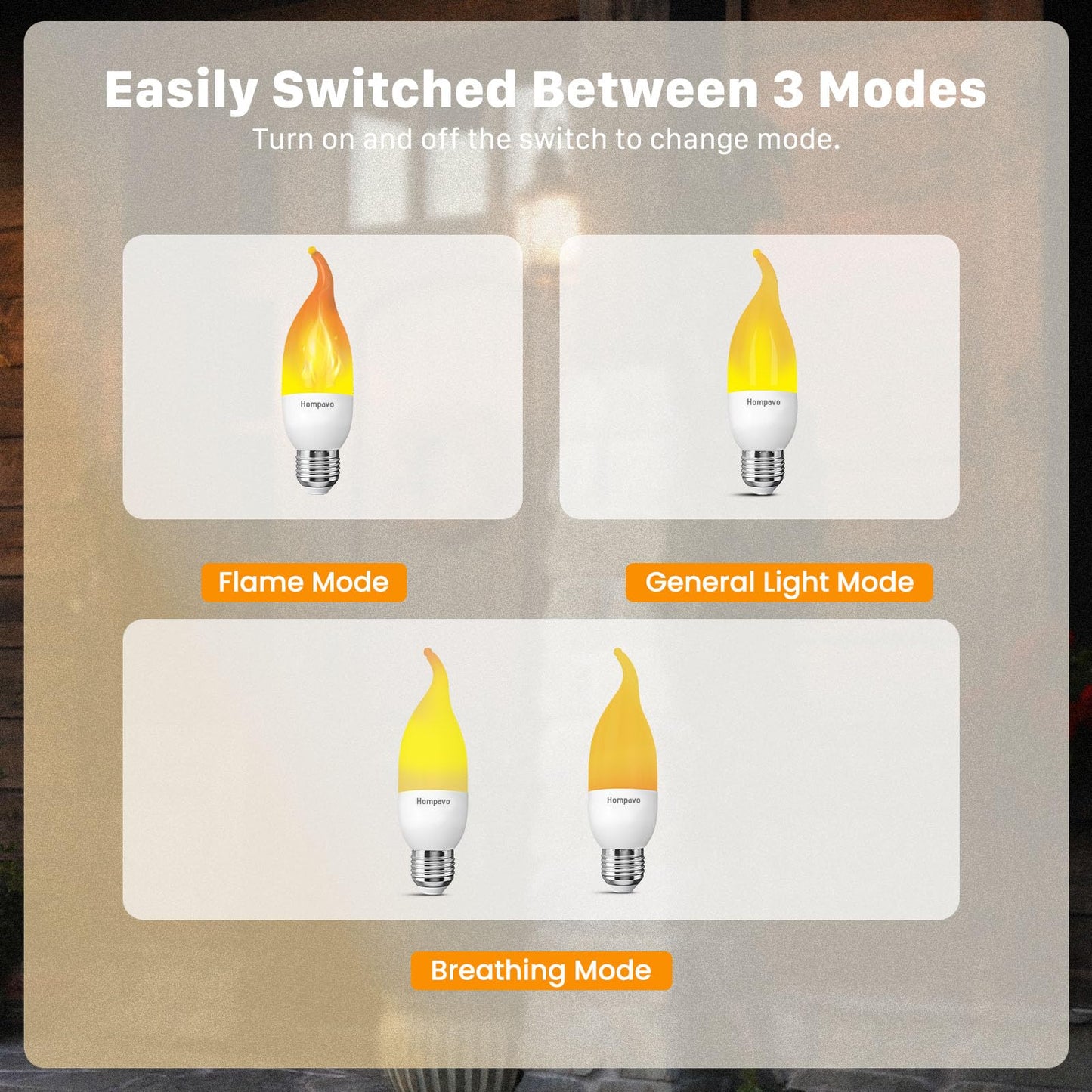 Hompavo Upgraded LED Flame Light Bulbs, 3 Modes Flickering Light Bulbs, E26 Candle Fire Light Bulb for Christmas Halloween Party Porch Indoor & Outdoor Home Decoration - 2 Pack