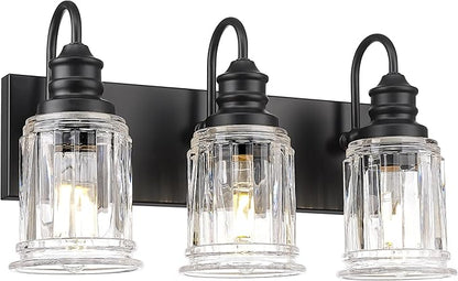 HWH INVESTMENT Bathroom Light Fixtures, 3-Light Matte Black Vanity Light, 18 Inch Wall Sconces with Bell-Shaped Clear Glass, Bathroom Wall Lights for Mirror Bedroom Hallway, 5HZG106B-3W BK