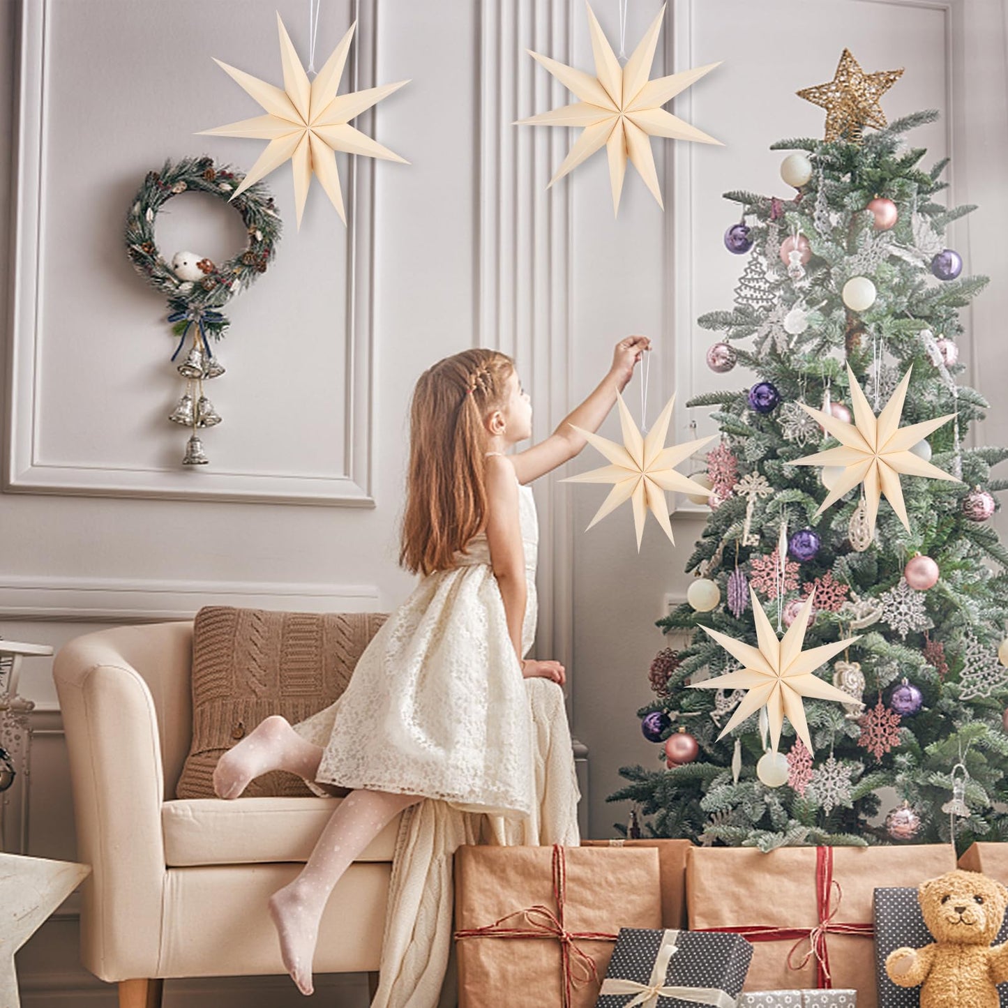 BestoFun 12 Inches 5 PCS Beige Paper Star Lanterns Christmas Party Decorations Hanging Stars Christmas Party Decorations Wedding Birthday Christmas Home Party Decorations(9 Pointed)