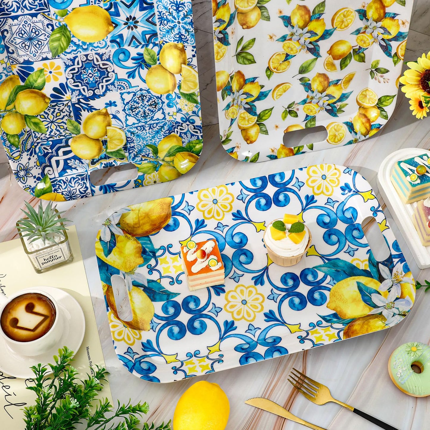 JarThenaAMCS 3Pcs Capri Lemon Serving Trays Summer Blue Tile Yellow Lemon Platter with Handles Reusable Serving Dishes for Birthday Party Sharing Snacks Fruit Dessert