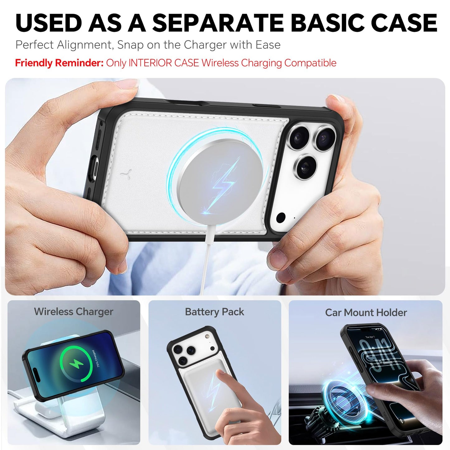 TUCCH 2-in-1 Detachable Wallet Case for iPhone 17 Pro Max (6.9") 2025, Wireless Charging | RFID Blocking 4 Card Holder | Wrist Strap | Kickstand | Magnetic | PU Leather | Protective Flip Cover | White