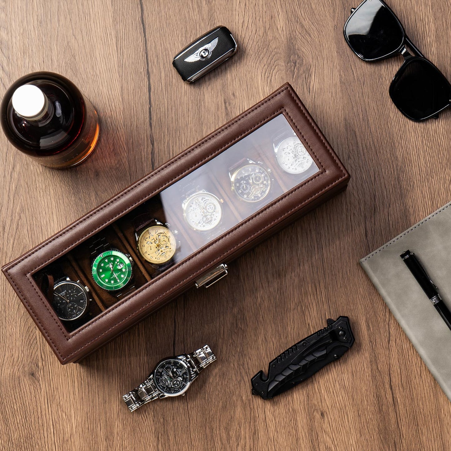 ProCase Watch Box, Fathers Day Gift for Dad, 6 Slot Watches Display Case with Drawer, Mens Watch Case with Glass Lid, 2-Layer Mens Jewelry Organizer Storage Holder -6 Slot, Espresso