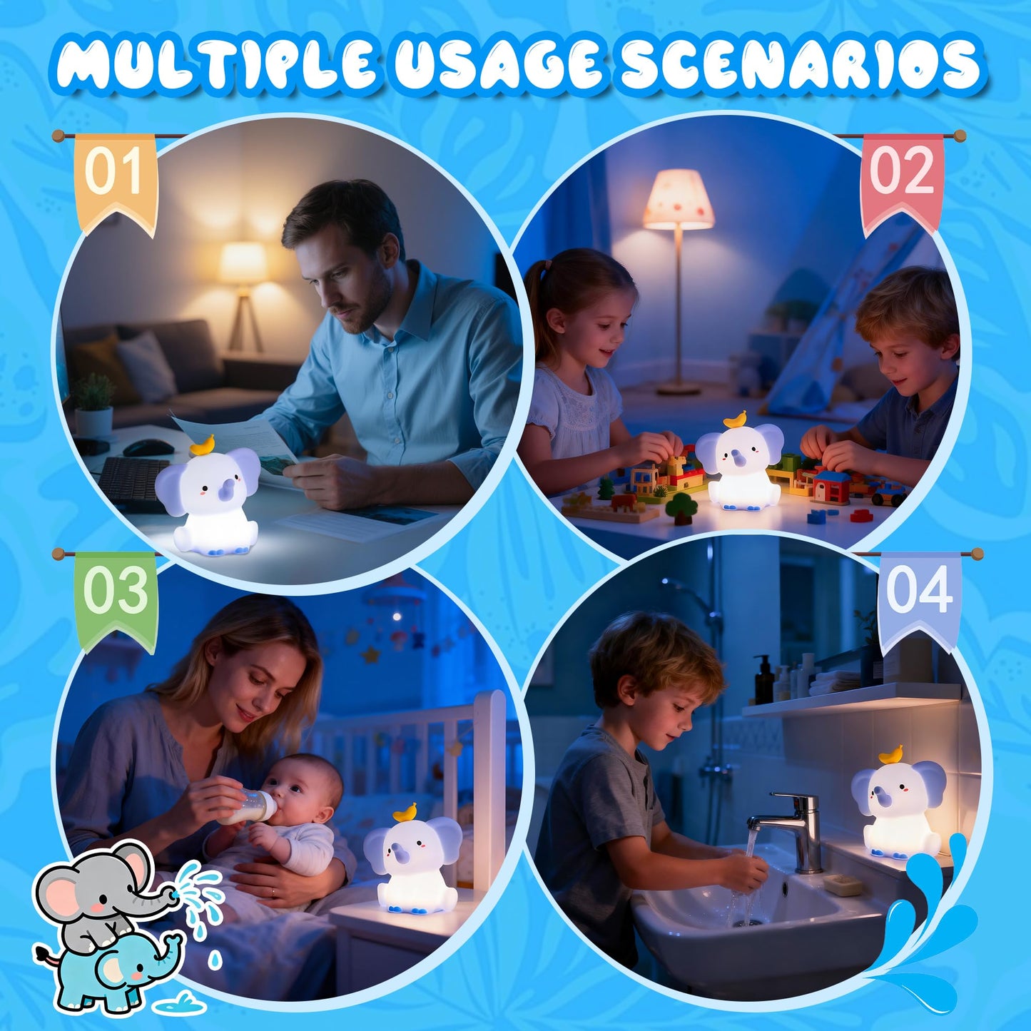 Ammonite Blue Elephant Night Light, Soft Silicone Elephant Nursery Lamp with 2 Dimming Levels and 20-Minute Timer, Touch Control Nightlight for Bedroom Decor, Christmas Birthday Gift