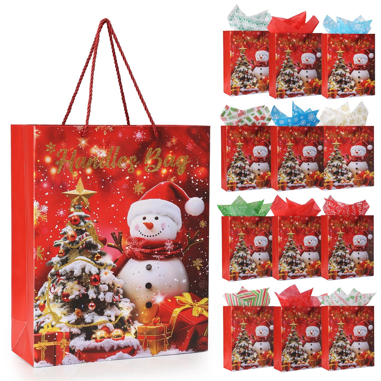 Rusikia 12 Christmas Gift Bags with 12 Tissues and 1 Satin Ribbon - Medium