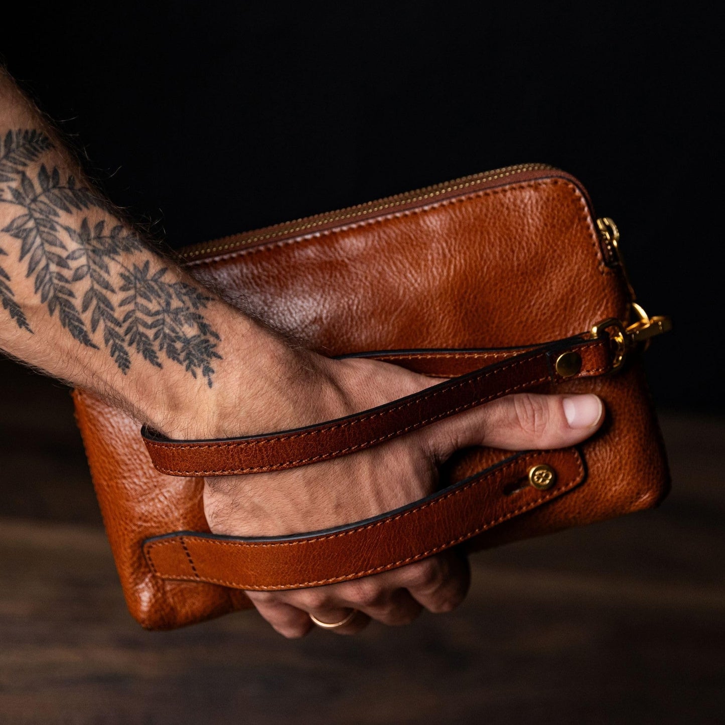 Time Resistance Leather Clutch for Men - Organizer Bag for Men - Wrist Bag - Briefcase Handmade in Italy (Cognac Brown) - Gift Box Included