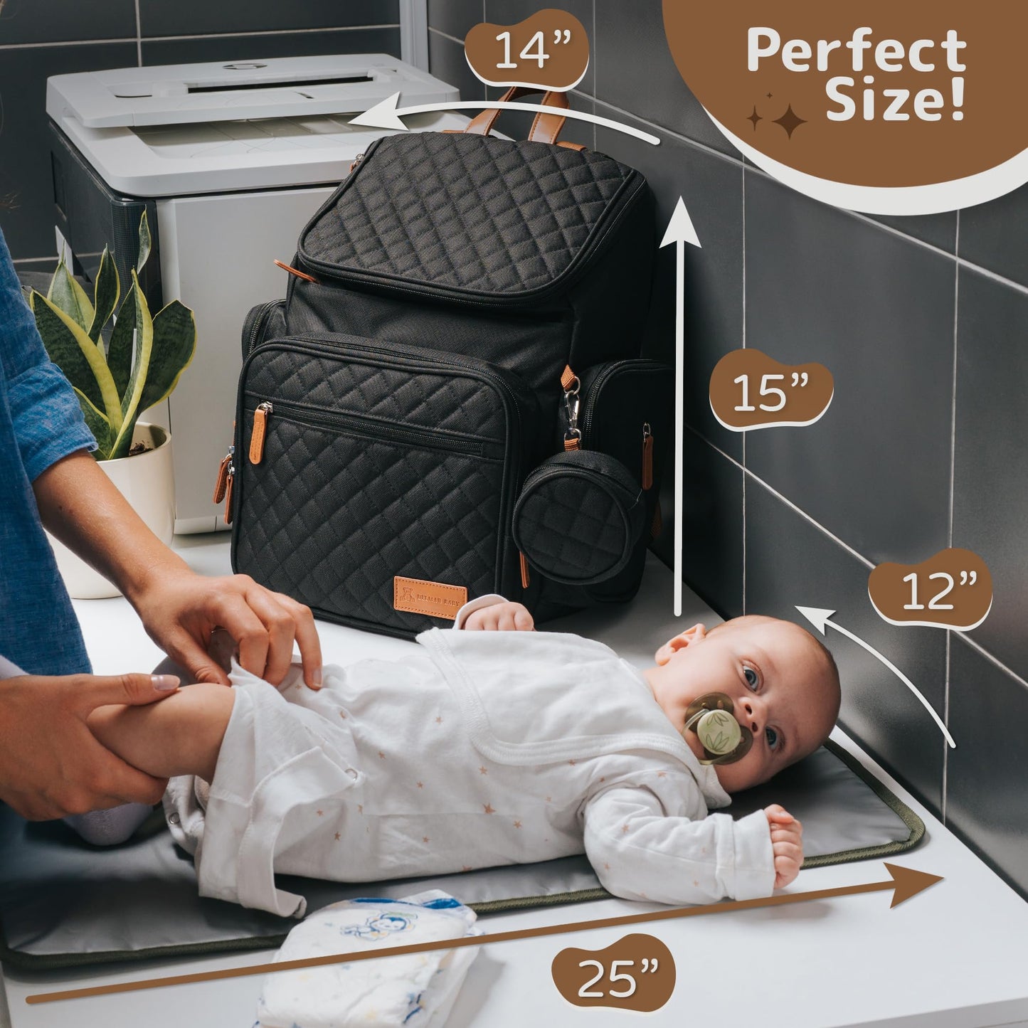 DELMAR BABY Large Diaper Bag Backpack for Mom & Dad | Unisex Baby Travel Bag | 15 Pockets | Changing Pad | Stroller Straps | Stylish & Washable | Newborn Essentials | Black