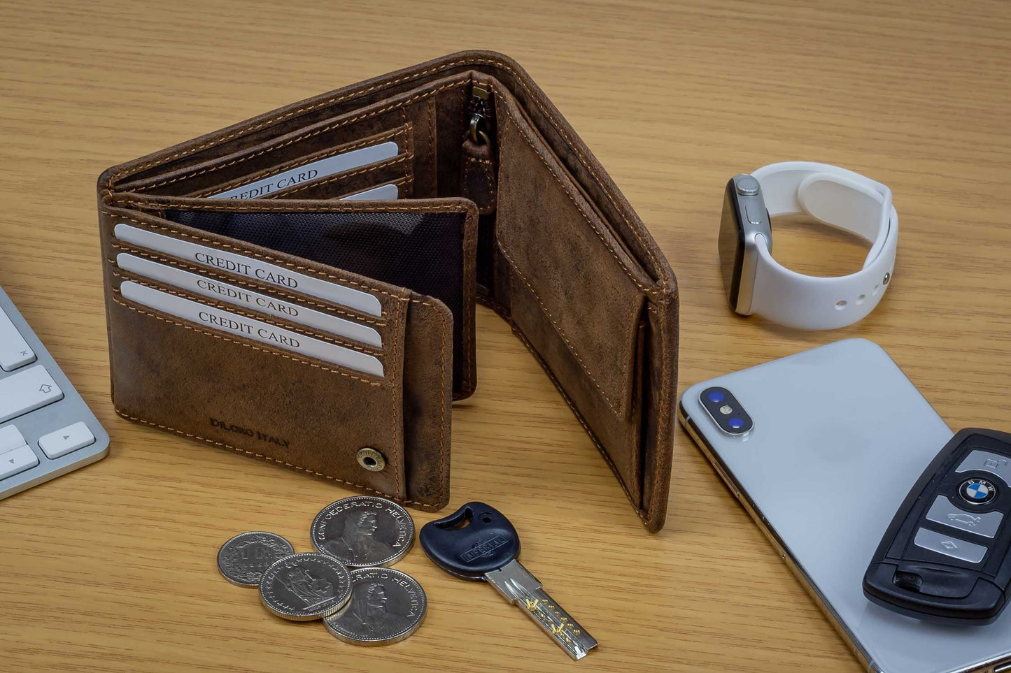 DiLoro Italy Full Size Mens Leather Wallet Bifold Flip ID Zip Coin Wallets with RFID Protection (Dark Hunter Brown With ID)