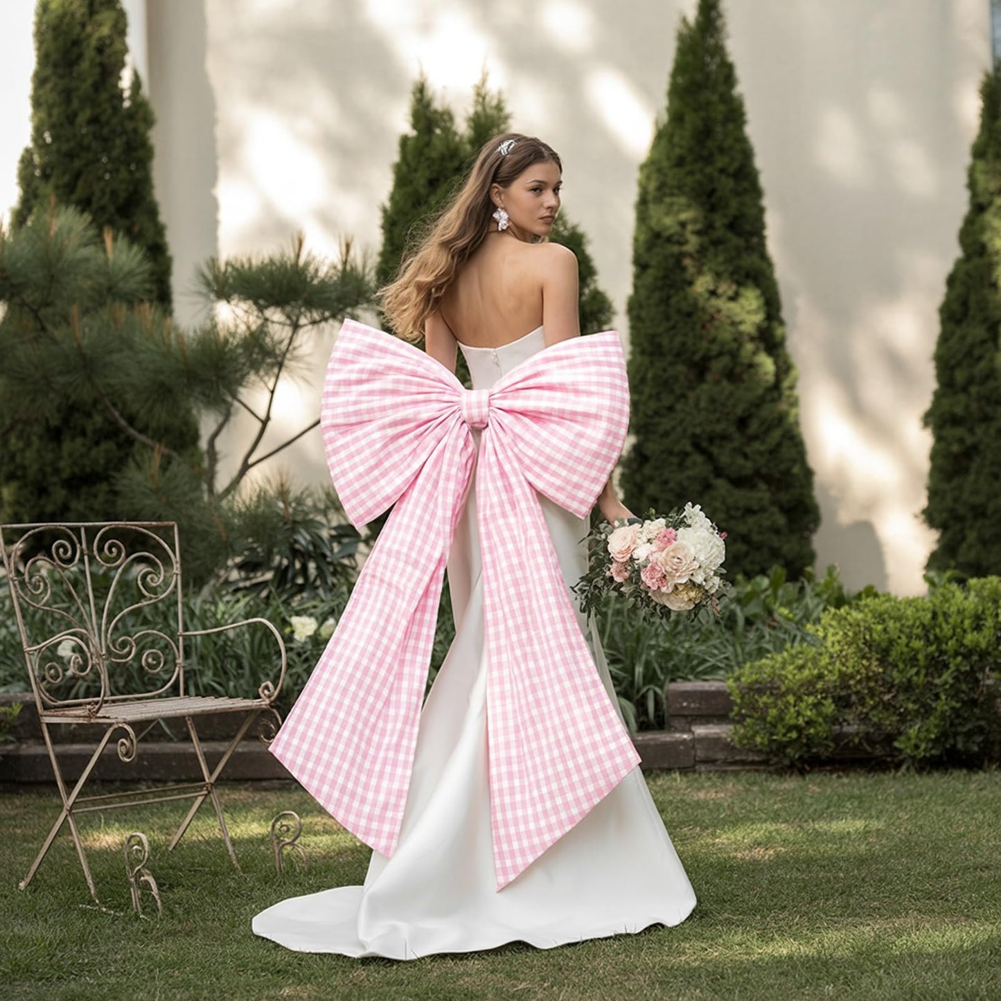 Big Pink Bow Decor Giant Pink White Checkered Coquette Bow for Birthday Party Decorations for Girls, Large Ribbon Tie Hanging Gift Coquette Wall Decor (Textured Cotton, Internal Stability Layer)