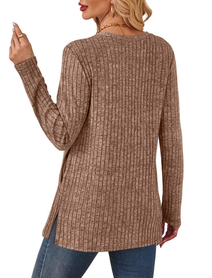 SAMPEEL Womens Sweaters Crewneck Long Sleeve Shirts with Pockets Fall Outfits 2025 Fashion Winter Clothing Side Slit