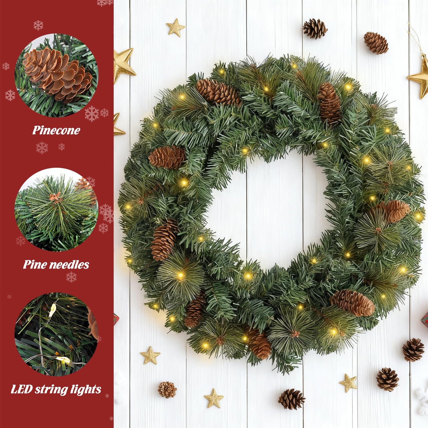 FR Artificial Pre-Lit Fir Christmas Wreath Holiday Accent Decoration, Wintry Pine, Decorated with Pine Cones, with LED Lights Battery Operated for Door, Mantel - 16 Inch