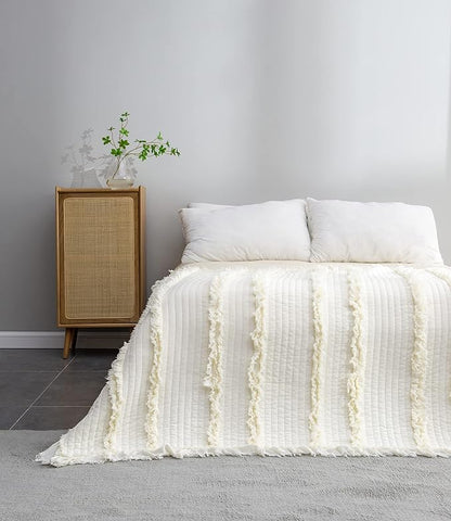 Ultra Soft Pre-Washed Quilted Boho Cream Queen Size Blankets for Bed, Ruffle Fringed Decorative Throw, Stone Washed Chic Rustic Blanket for Sofa Couch Bed, 90"*90"