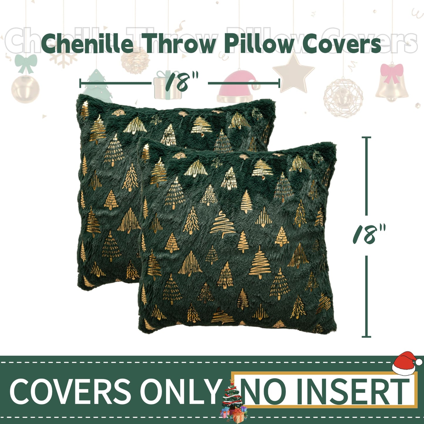 AQOTHES Christmas Tree Green Throw Pillow Covers 18x18inch, Set of 2 Winter Holiday Decorative Faux Fur Fuzzy Pillows Covers with Glitter Printed for Christmas Decor Sofa Couch Home