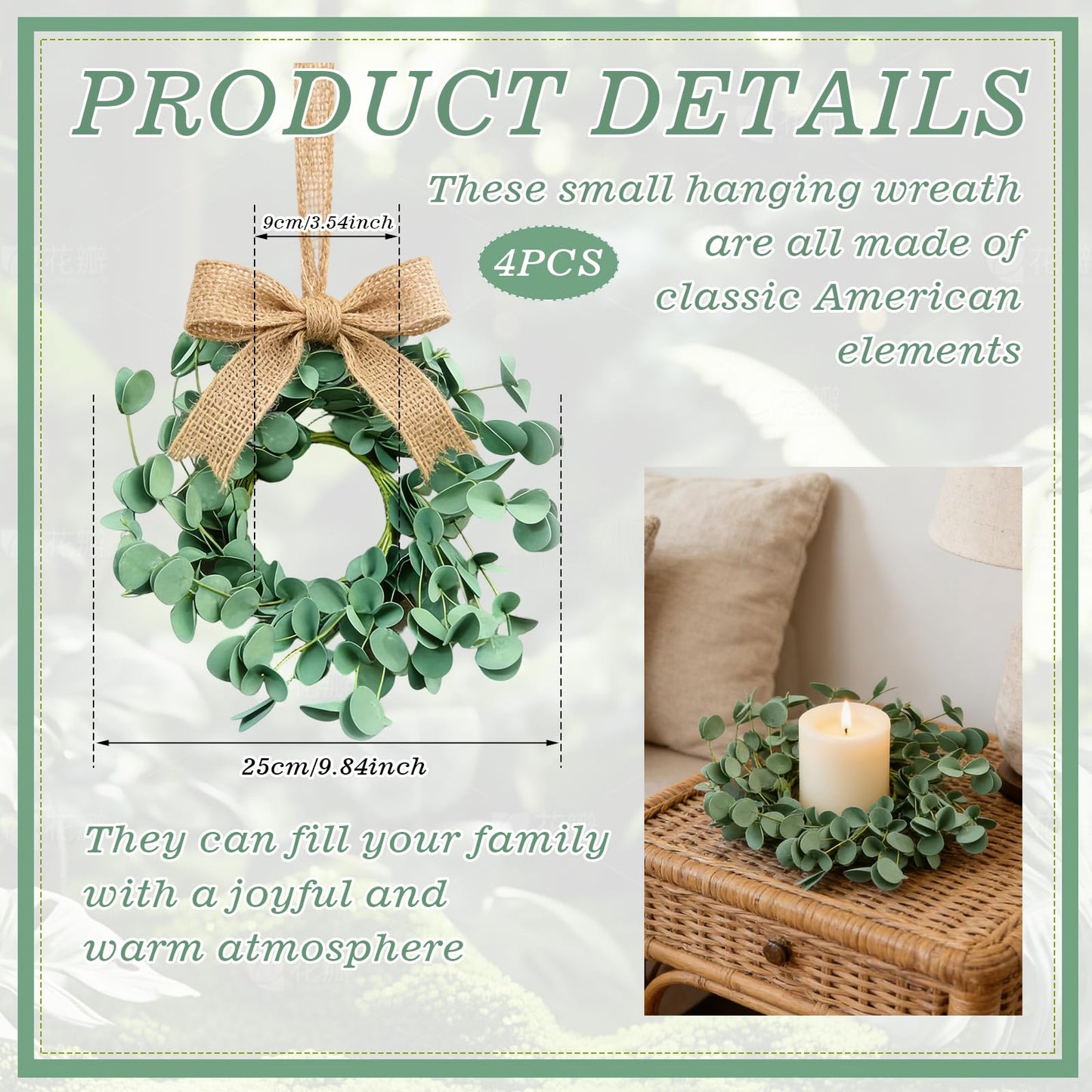 4 Pcs Small Spring Summer Candle Ring Wreaths with Artificial Eucalyptus Greenery Mini Pillar Candle Holder Wreath for Home Table Centerpieces Kitchen Wedding Farmhouse Party Decor