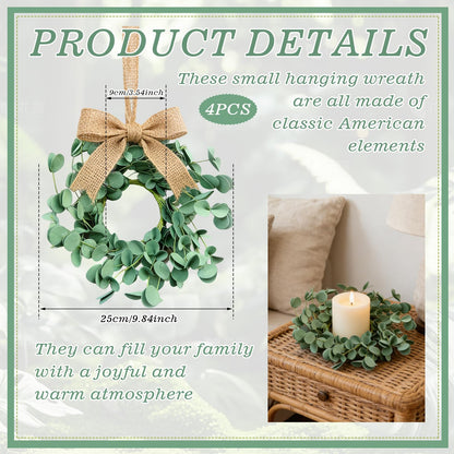 4 Pcs Small Spring Summer Candle Ring Wreaths with Artificial Eucalyptus Greenery Mini Pillar Candle Holder Wreath for Home Table Centerpieces Kitchen Wedding Farmhouse Party Decor