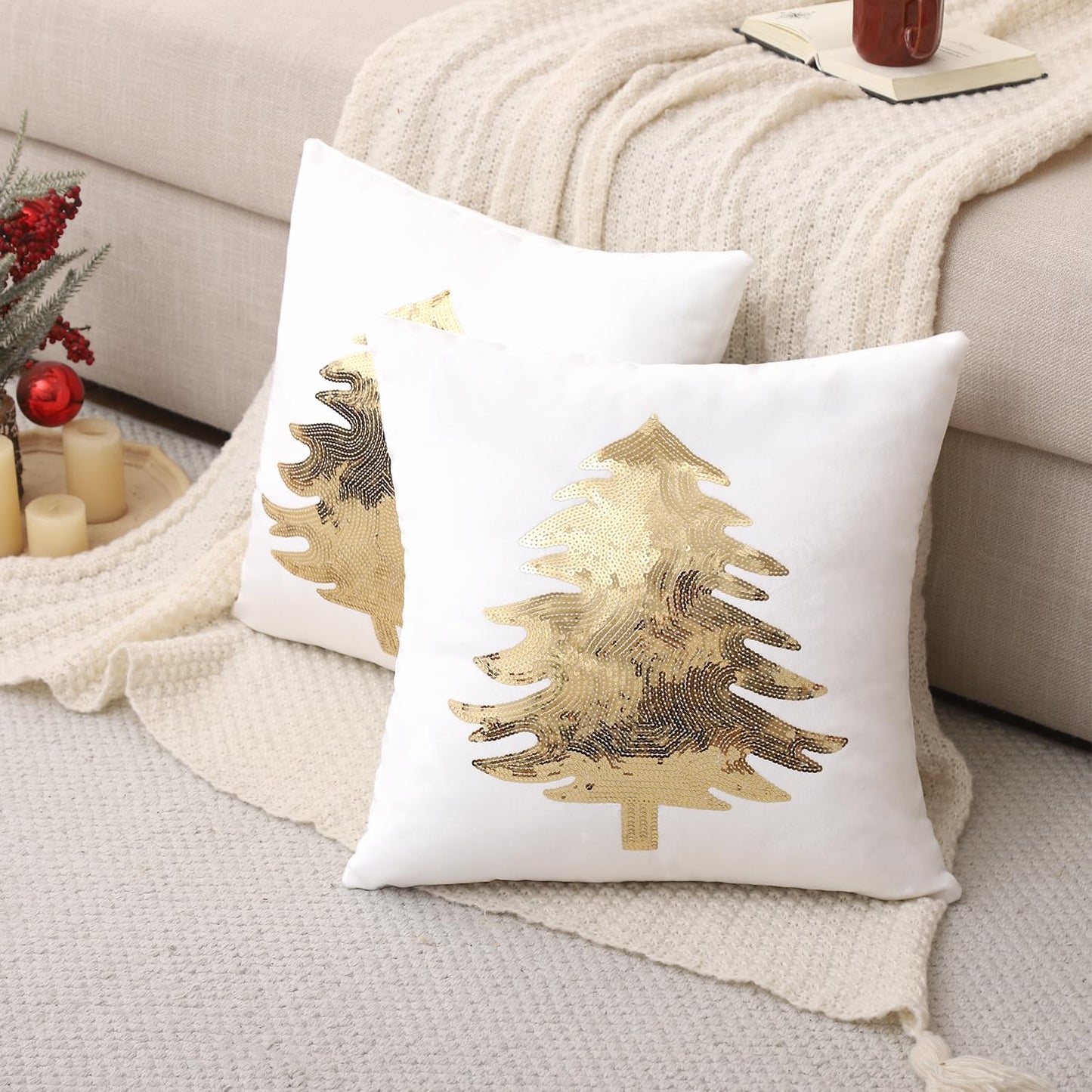 Tosleo Christmas Pillowcases 18 x 18 inch Set of 2 White Xmas Tree Sequins Throw Pillow Cover Christmas Pillow case Party Decorations Winter Holiday Cushion Cases