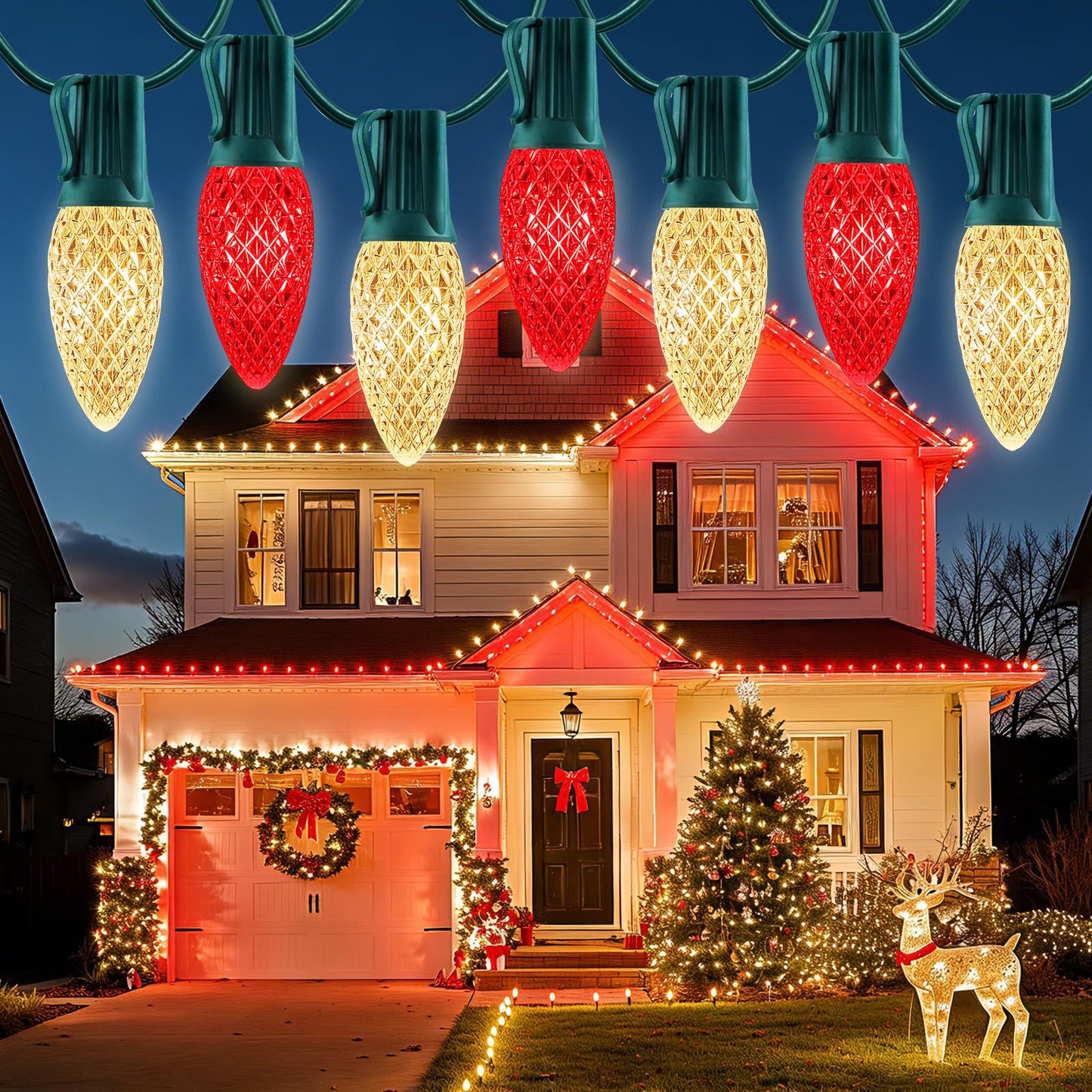 100 Feet Led Christmas Lights, Red and Warm White C9 Christmas String Lights Outdoor, 100 Strawberry Bulbs Connectable UL Certified for Indoor Outdoor Roofline Patio Holiday Party Backyard Decor