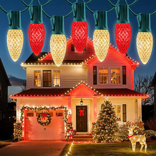 100 Feet Led Christmas Lights, Red and Warm White C9 Christmas String Lights Outdoor, 100 Strawberry Bulbs Connectable UL Certified for Indoor Outdoor Roofline Patio Holiday Party Backyard Decor