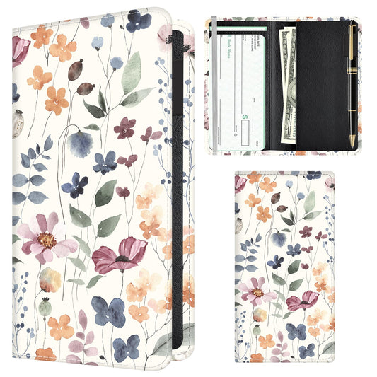 APVDSH Checkbook Cover for Personal Checkbook, Cute PU Leather Check Book for Women & Men, Slim Checkbook Holder with Pen Holder and Built-in Clear Plastic Divider Soft Neutral Floral