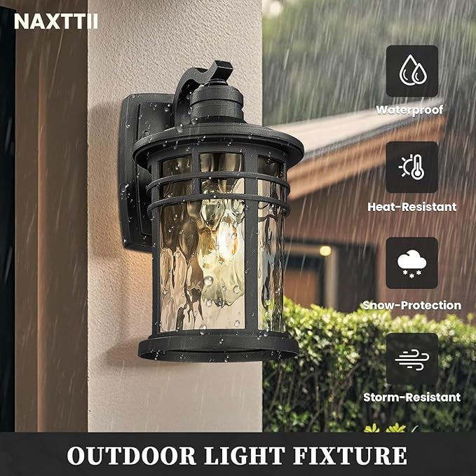 Outdoor Wall Light Fixtures Waterproof Outdoor Porch Light with Water Ripple Glass Black Finish Outdoor Porch Lights Wall Mounts for House 14.6 Inch Height