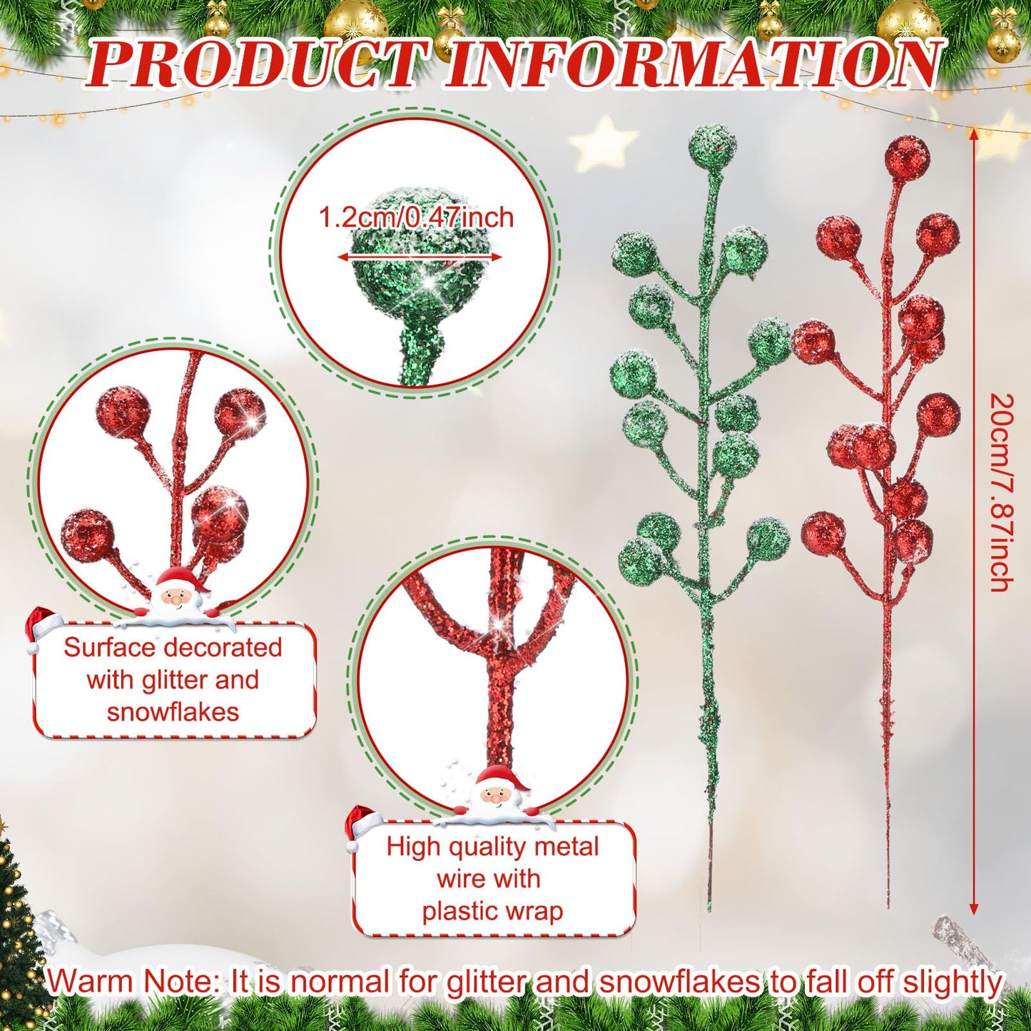 Geosar 30 Pieces Artificial Christmas Berry Picks with Snowflake Glitter Holly Berry Stems for Christmas Tree Ornaments Vases DIY Crafts Wedding Party Holiday Decor(Glitter Red, Light Green)