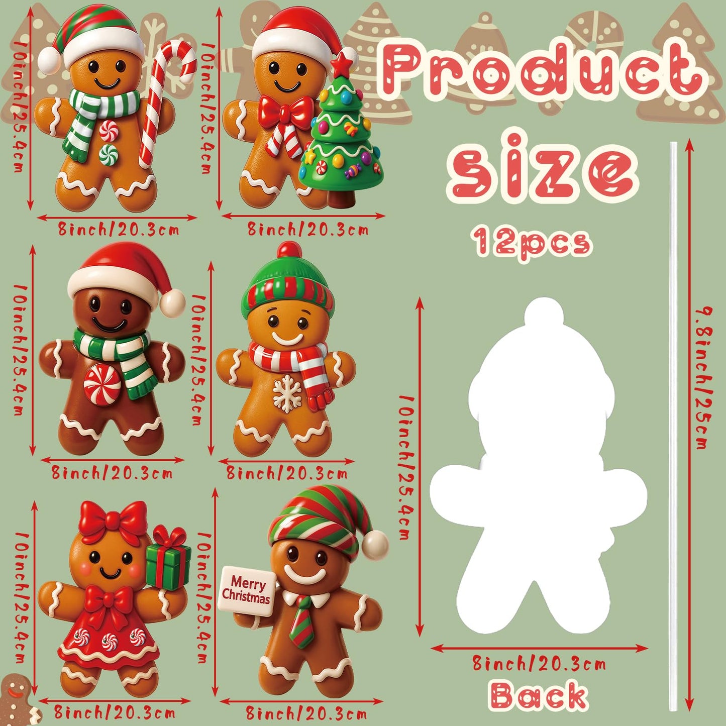 Giegxin 12pcs 10 x 8 Inches Gingerbread Man Christmas Tree Picks Gingerbread Christmas Decor with Sticks Cute Ornaments for Xmas Tree Topper Home School Office Garden Patio Winter Vase Holiday