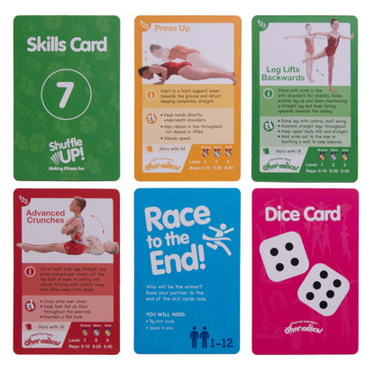 Shuffle Up Gymnastics Card Games - 70+ Fun & Active Skills Cards for Kids, Fitness Cards Develop Fundamentals, Stamina & Strength, Easy to Play for Kids | Multiple Skills Level Cards Include 2 Dices
