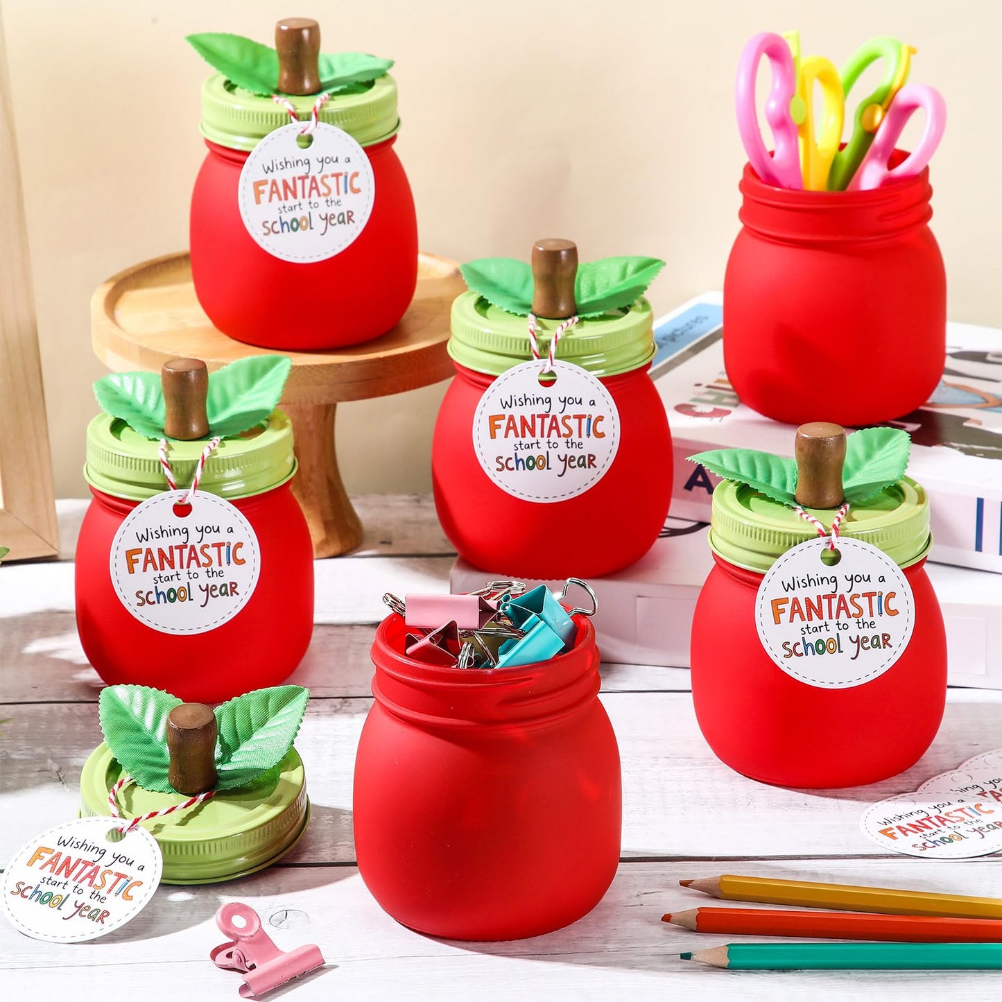 Mimorou 6 Pcs 8 oz Christmas Apple Gifts for Teacher Apple Containers Gift Candy Boxes Mason Glass Jar with Lid for Teacher School Classroom Table Wedding Party Decoration