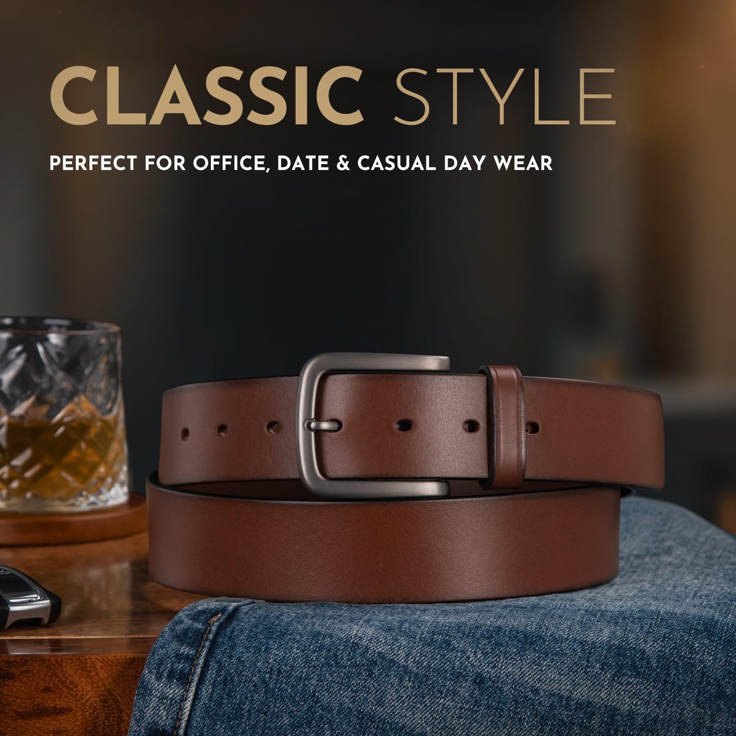Buffway Men's Leather Belt,1.5" Handcrafted Top-Grain Leather – Durable,Comfortable,Suitable for Everyday Formal & Casual Wear - Size 52" Brown