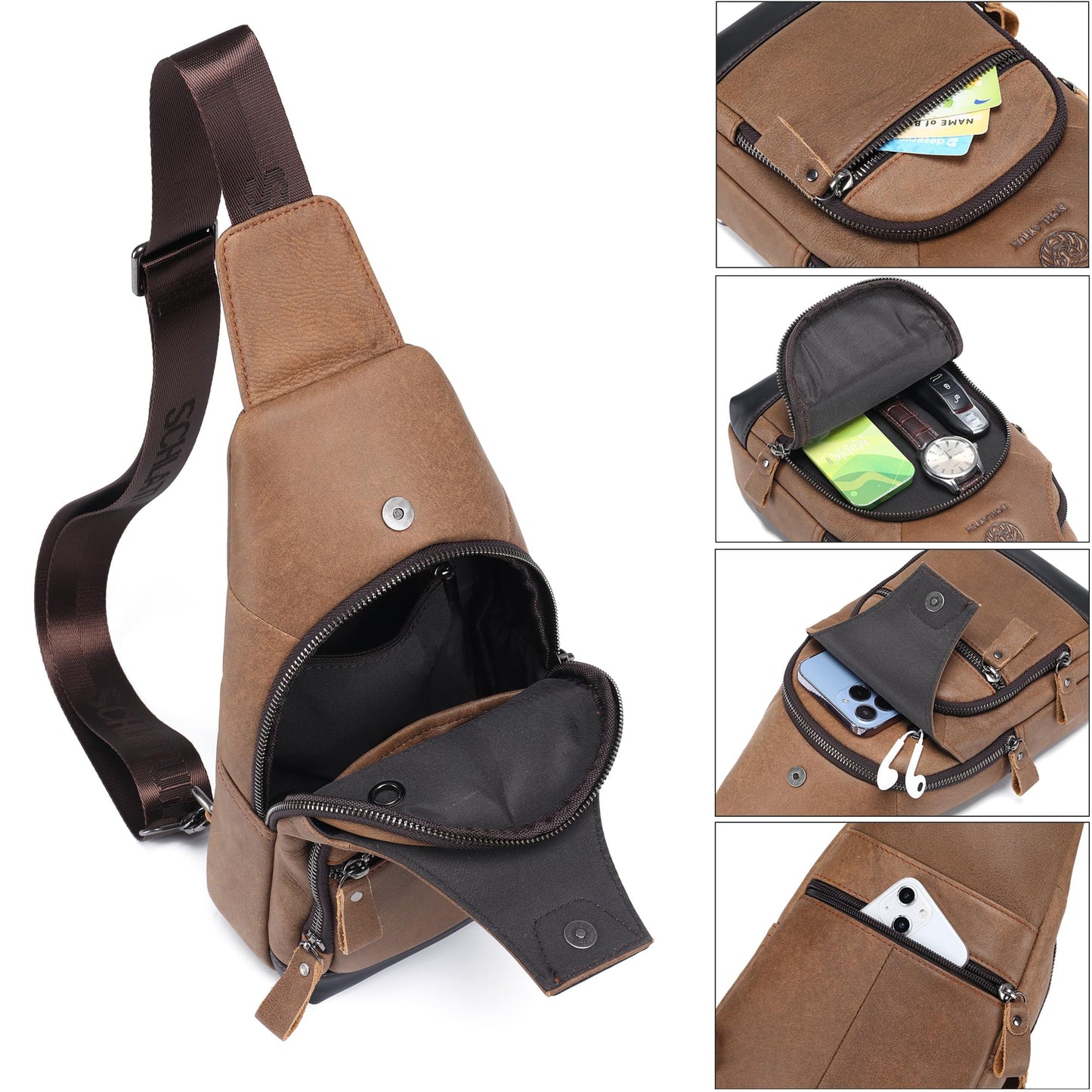 LUKZIJAES Genuine Leather Sling Bag for Men Crossbody Bags Man Shoulder Chest Pack Hiking Casual Daypack Outdoor Travel Backpack (#1-Brown)