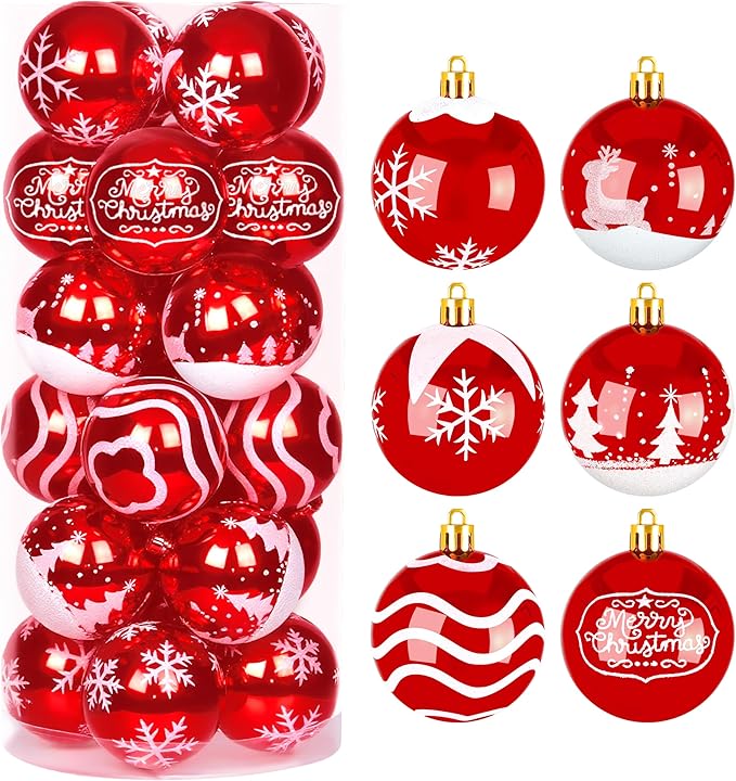 Joiedomi 24 Pcs 2.3” Red & White Christmas Ball Ornaments, Shatterproof Plastic Christmas Tree Ornaments, Hanging Decor for Wreath Garland Party Weddings Holidays