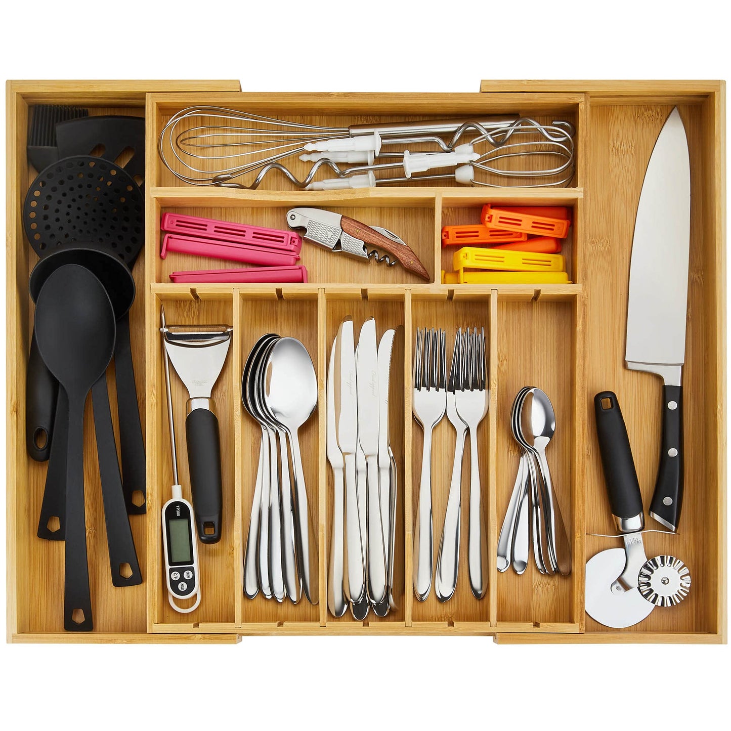 Night Tree 2.5” Extra Deep Silverware Drawer Organizer with Adjustable Dividers – Expandable Bamboo Flatware Tray for Kitchen, Reinforced Wood Cutlery Holder (14"-21.6" Wide)