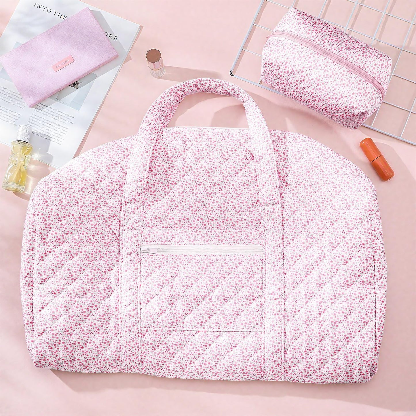 Bulyoou 2 Pack Floral Travel Duffel Bag Large Quilted Travel Duffle Bag and Floral Makeup Pouch Portable Gym Lightweight Weekender Organizer with Zipper Pockets Grocery Pouch for Women(Pink)