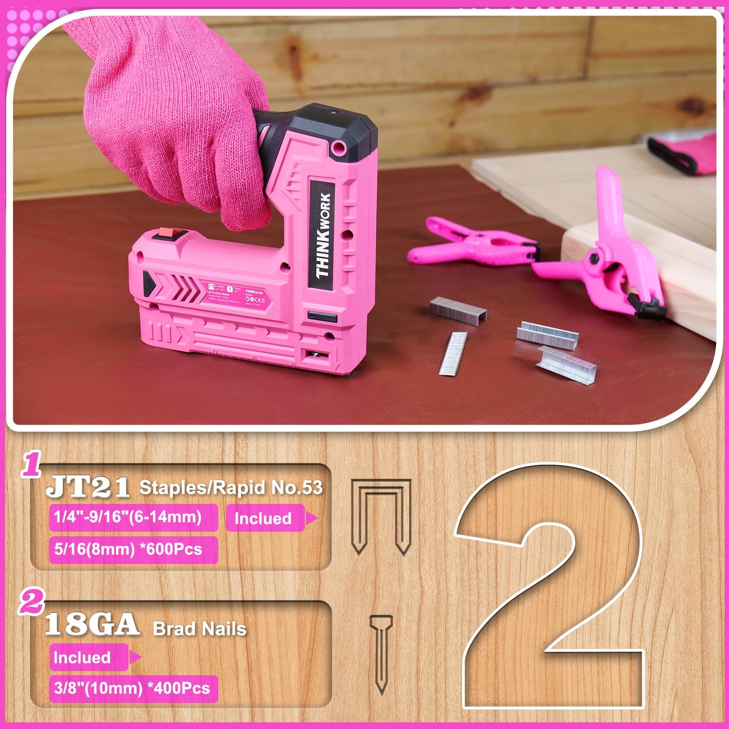 THINKWORK Pink Electric Staple Gun - 2 in 1 Nail Gun Battery Powered with 1000Pcs Staples and Nails, 4V Cordless Upholstery Staple Gun for Wood, Brad Nailer with USB Charger for Carpentry, Crafts, DIY