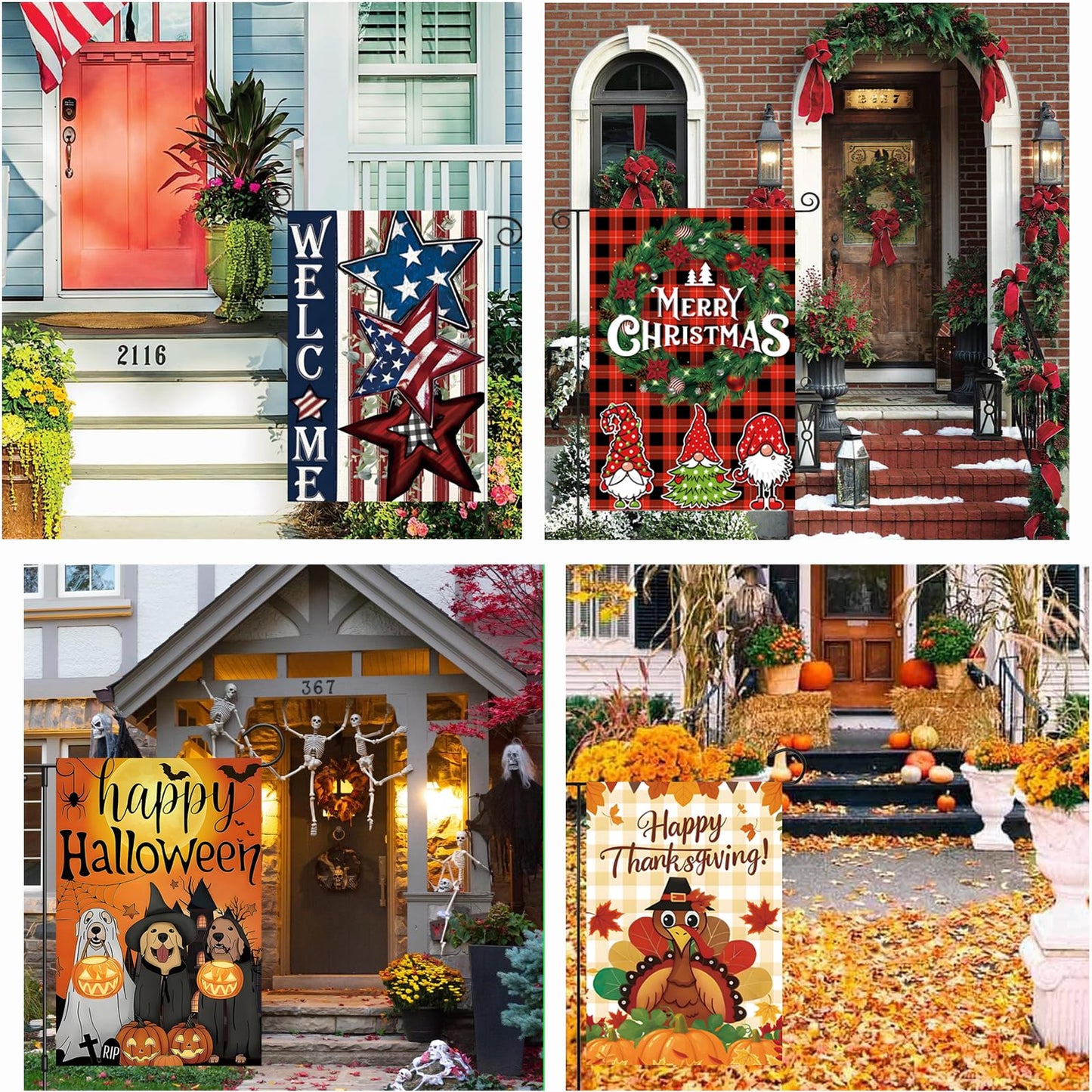 Seasonal Garden Flags Set of 12 Double Sided 12x18 Inch, Small Yard Flags for Outside, Spring Summer Fall Winter & Holiday Outdoor Decor, 4th of July Halloween Christmas Decorations for All Seasons